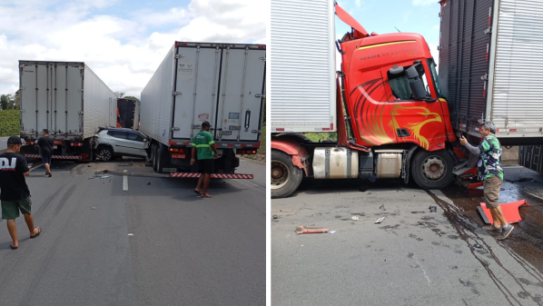 Acidente deixa carro prensado entre carretas e interdita BR 101 em Ibiraçu