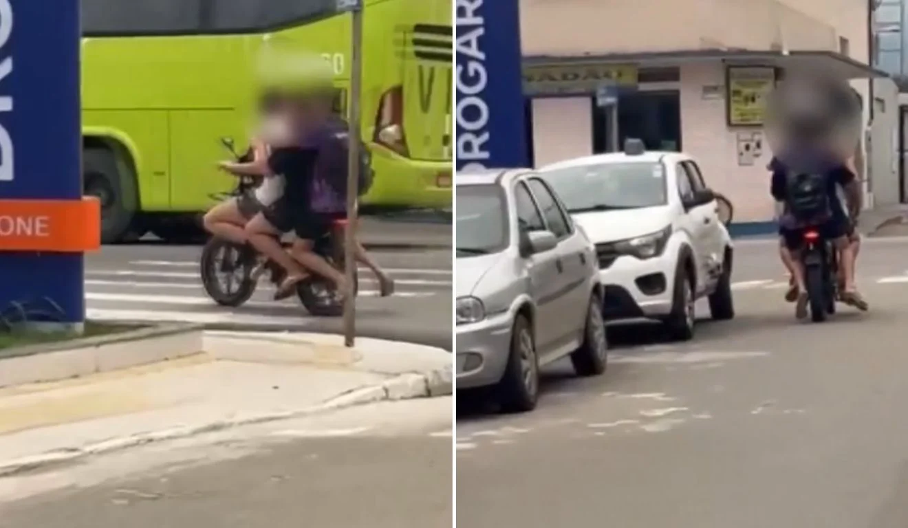 Três jovens são flagrados em cima de uma única bicicleta elétrica em Aracruz